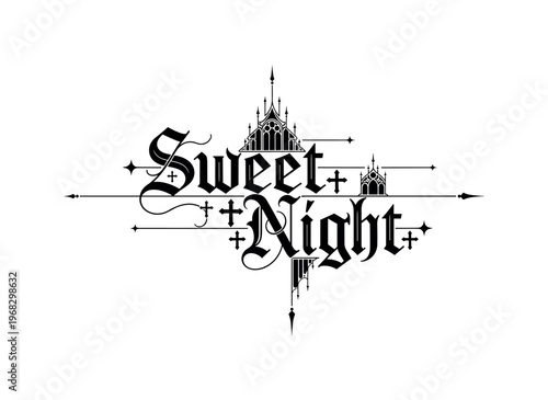 Sweet Night. lettering and all elements in black. Vector style. AWhite background. Pure white background. Perfect isolation and visual consistency.