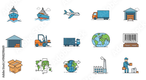 Logistics and shipping icons representing transportation, delivery, and global trade