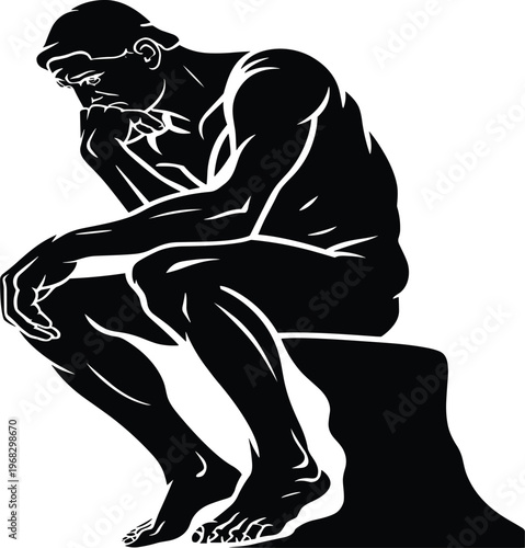 Thinker silhouette illustration, philosophical pose design, contemplative man artwork, intellectual reflection graphic, flat vector
