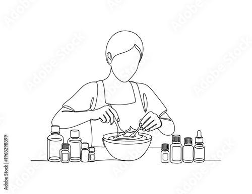 Homemade Skincare Session. Minimalistic one-line drawing person mixing cream in bowl with essential oils around, continuous single black line on