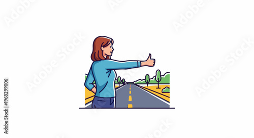 Woman thumbing for ride on a rural road lined with trees