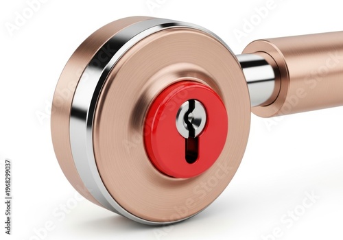 Modern rose gold door lock cylinder with red insert isolated on white background