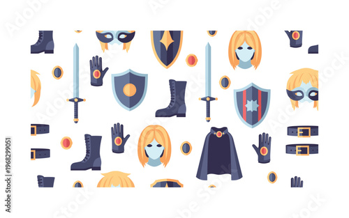 cosplay outfit icons seamless pattern, repeating pattern, surface design, textile print, modern illustration of wigs, swords, shields, masks, gloves, capes,