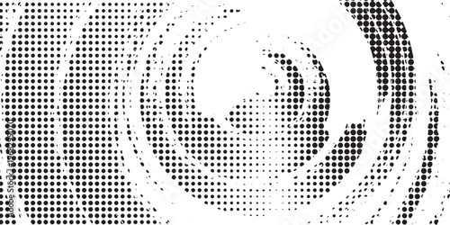 Abstract black and white halftone swirl design featuring circular spiral patterns made of dense dot textures, Minimalist yet bold, no color, no text, clean background