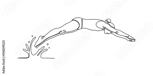 Achievement Plunge. Minimalistic one-line drawing person diving energetically into water, continuous single black line on white background, simple outline