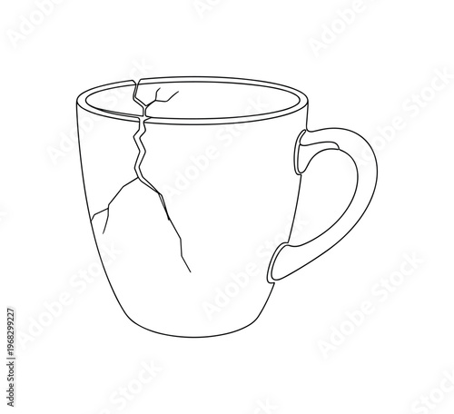 Cracked Mug Illustration. Minimalistic one-line drawing coffee mug with visible cracks and details, continuous single black line on white background, simple