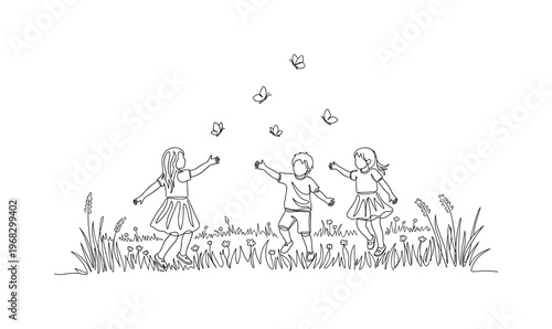 Playful Meadow. Minimalistic one-line drawing children chasing butterflies or playing in spring field, continuous single black line on white background, simple