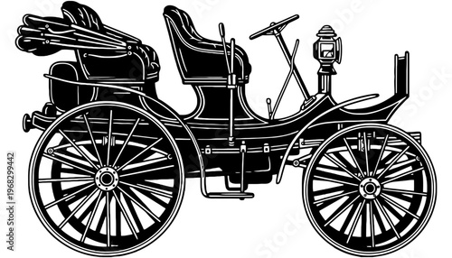 A vintage car silhouette illustration with large wheels and open seats