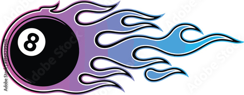Stylized vector illustration of a black 8-ball with purple and blue speed flames for billiards branding and sports graphics.