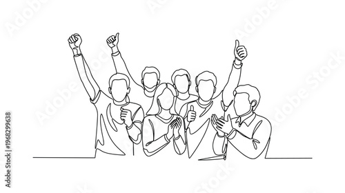 Social Justice Victory. Minimalistic one-line drawing activists celebrating success in rights advocacy, continuous single black line on white background,