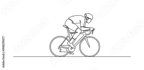 Competitive Cycling. Minimalistic one-line drawing cyclist racing on road with aerodynamic posture, continuous single black line on white background, simple
