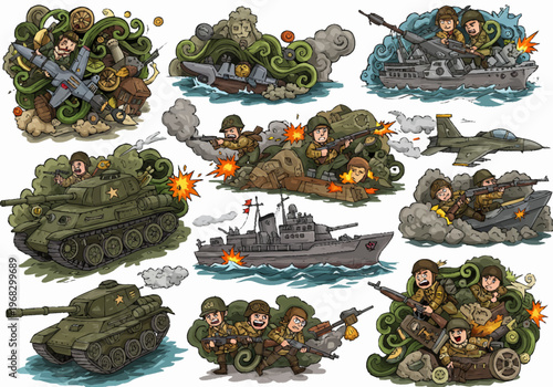 Military vehicles and soldiers engage in combat on land and sea