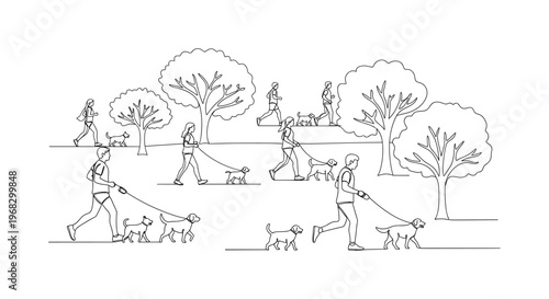 Park Stroll. Minimalistic one-line drawing individuals jogging or walking dogs among trees, continuous single black line on white background, simple outline