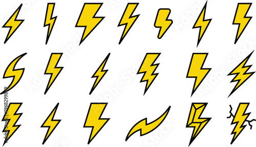 Lightning bolt symbol set with bold electric flash icons and thunder shapes for weather graphics, energy branding, warning signs, comic effects, sports visuals and high impact design projects