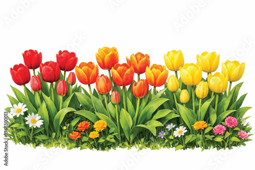 A colorful bouquet of tulips with red, yellow, pink, and orange flowers on a white background