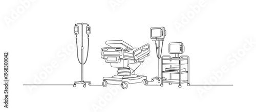 Hospital Birth Room. Minimalistic one-line drawing maternity bed with surrounding medical devices, continuous single black line on white background, simple