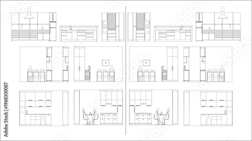 Modern kitchen elevation CAD drawing with cabinet layout, countertop and appliance arrangement for residential interior planning. Clean CAD-style vector illustration isolated on white background. EPS 