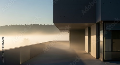 Modern architectural design overlooking a misty landscape at dawn.
