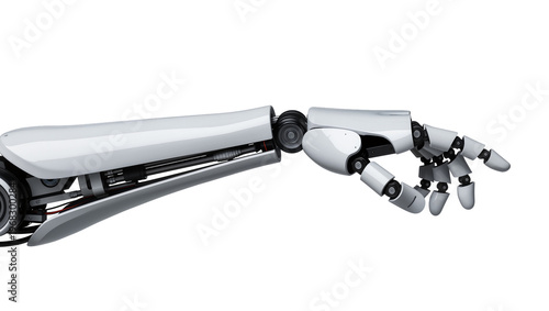 Advanced metallic robotic arm with articulated fingers showcasing intricate internal mechanisms, isolated on transparent background for futuristic technology