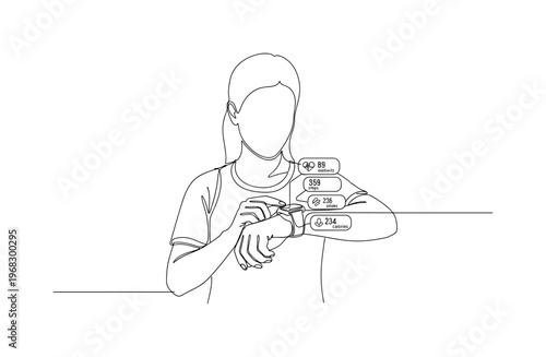 Digital Fitness. Minimalistic one-line drawing individual interacting with smartwatch showing activity metrics, continuous single black line on white