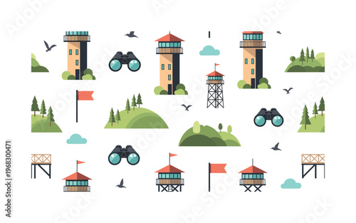 tower outlook seamless pattern, repeating pattern, surface design, textile print, modern illustration of watchtowers, forests, hills, observation decks,