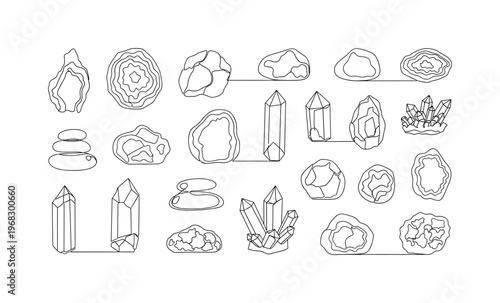 Rock Collection. Minimalistic one-line drawing assorted rocks and minerals arranged together, continuous single black line on white background, simple outline