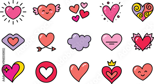 Playful heart pop icon set with cute romantic hearts, doodle love symbols and colorful valentine elements in pink red tones for cards, stickers, social media, wedding graphics and fun designs
