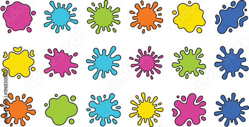 Colorful pop splash blob shape set with bright paint splat elements in playful tones for stickers, comic graphics, kids branding, packaging, labels, posters and abstract design compositions