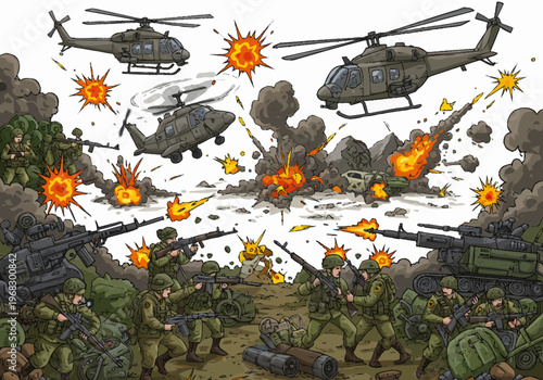 Soldiers engage enemy forces as helicopters provide air support during intense battle scene with explosions