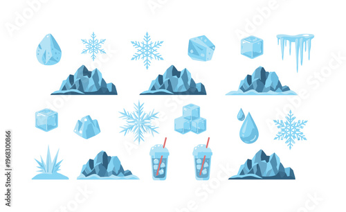 frosty motifs seamless pattern, repeating pattern, surface design, textile print, modern illustration of glaciers, snowflakes, ice cubes, frost, icicles,