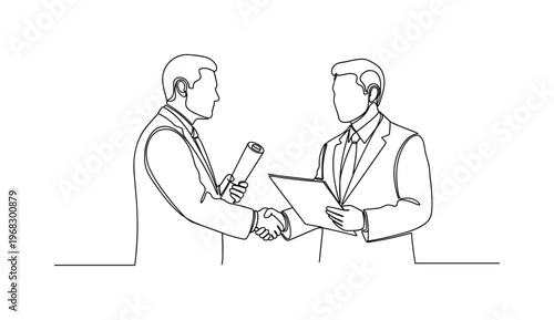 International Collaboration. Minimalistic one-line drawing diplomats exchanging documents and shaking hands, continuous single black line on white background,
