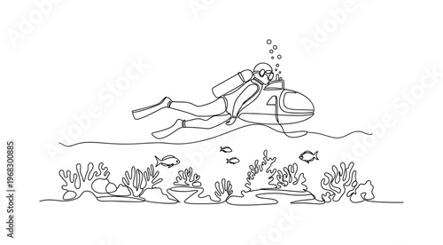 Ocean Floor Exploration. Minimalistic one-line drawing person or submarine gliding over seabed with coral and fish, continuous single black line on white