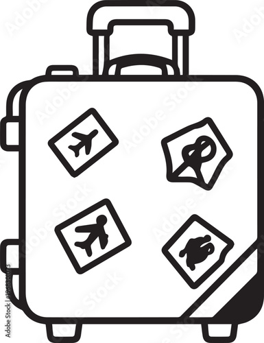 A stylized travel suitcase adorned with adventure-themed stickers stands ready for a journey, symbolizing travel and exploration.