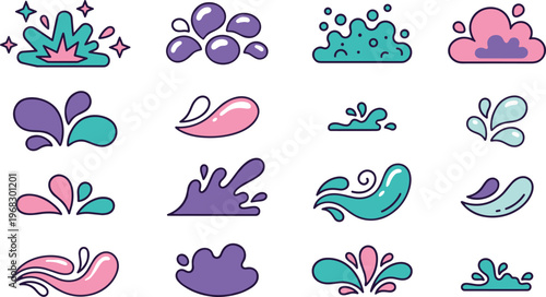 Cute potion splash design element set with colorful magic liquid splashes, droplets and fantasy blobs in pink blue tones for Halloween graphics, game assets, stickers, branding and playful layouts