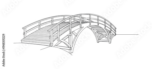 Timber Bridge. Minimalistic one-line drawing arched wooden bridge with visible planks and supports, continuous single black line on white background, simple