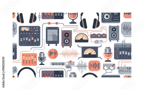 audio production icons seamless pattern, repeating pattern, surface design, textile print, modern illustration of mixing boards, headphones, microphones,