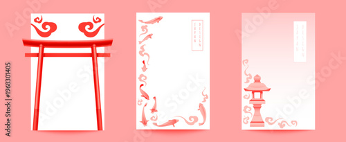 Japanese cards with torii gate, koi fish and traditional cloud motif, oriental vector background set. Authentic cultural elements, posters with red pagoda arch and minimalist design