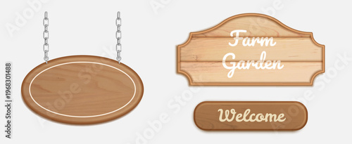 3d realistic wooden sign with chain and vintage texture, vector set isolated on background. Rustic wood plank board for farm, saloon, or restaurant menu design. Blank timber frame