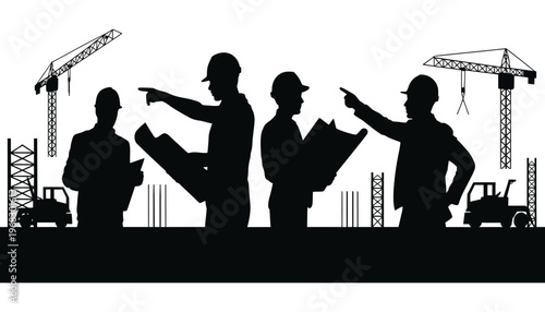 Construction workers silhouette illustration with cranes and building site