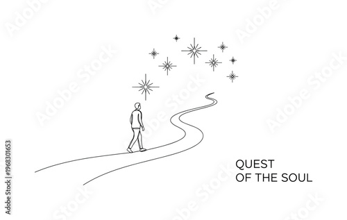 Quest of the Soul. Minimalistic one-line drawing person walking along winding trail with stars or light above, continuous single black line on white