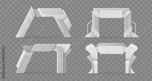 Sport event arch mockup set isolated on transparent background. Vector realistic illustration of white marathon gate with space for branding, start or finish banner design, welcome frame