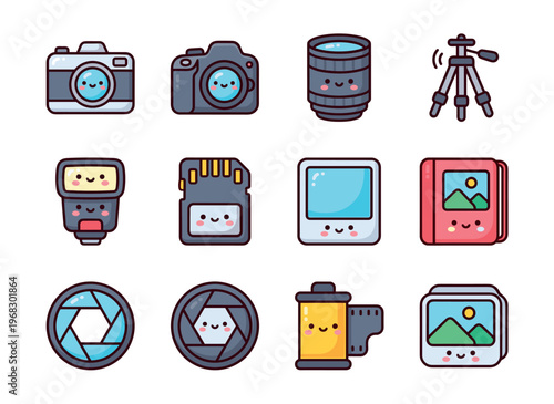 Cute Kawaii Photography Icons Collection Featuring Cameras and Accessories