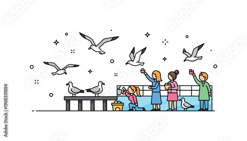 Seagulls interacting with humans scene where birds fly near a pier with people feeding them while tiny sparkle and star icons highlight playful interaction,