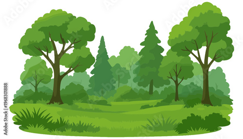 A forest landscape illustration with trees and green grassy field