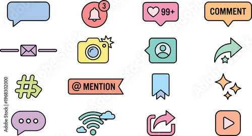Social media communication icon set with chat bubbles, hashtag, mention, comment, camera, wifi, share and notification symbols in pastel colors for apps, web design, digital marketing and interfaces