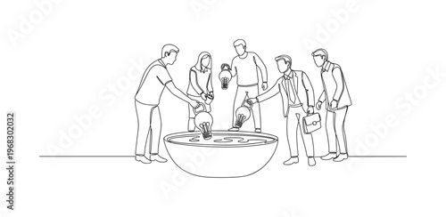 Idea Pool. Minimalistic one-line drawing individuals dropping ideas into shared pool or container, continuous single black line on white background, simple