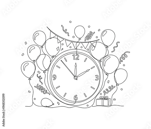 Midnight Party. Minimalistic one-line drawing clock with balloons and festive decorations, continuous single black line on white background, simple outline