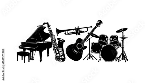 A musical instrument silhouette illustration featuring various black icons