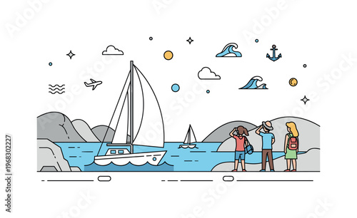Sailing boat coastal sightseeing scene where tourists admire seascape views while small sparkle and wave icons emphasize relaxation, travel, and nautical