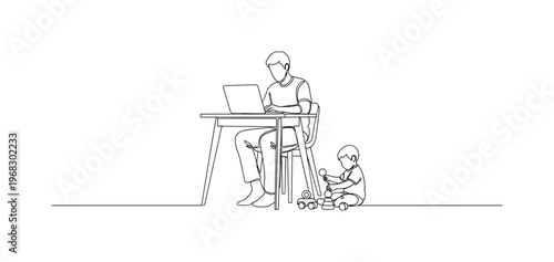 Family and Work Integration. Minimalistic one-line drawing individual on laptop while child plays with toys beside desk, continuous single black line on white